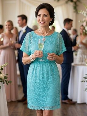 Maggy London Turquoise Lace Overlay Sheath Dress Size 12 Teal Blue Boho Wedding